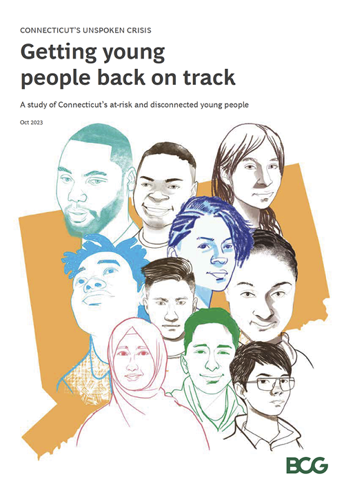 Report cover: sketches of teenaged faces superimposed over a map of Connecticut